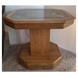 PAIR OAK GLASS INLAID END TABLES