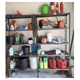METAL SHELVING AND CONTENTS- MISC OILS,TOOLS,