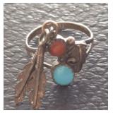 STERLING TURQUOISE AND BLOOD CORAL RING
