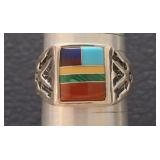 STERLING TURQUOISE AND BLOOD CORAL RING