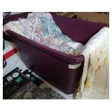 TOTE OF ASSORTED LINENS, THROWS, CLOTHS, MISC