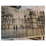 EARLY ACRYLIC ON CANVAS CITYSCAPE PRINT SIGNED