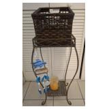 WICKER AND WROUGHT IRON PLANT STAND AND BASKET