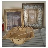 ANTIQUE FRAMES, DECORATIVE WOVEN BOWL AND FAN