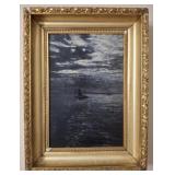 GOLD FRAMED ANTIQUE OIL ON CANVAS SAIL BOAT PRINT