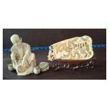 BONE CARVED ORIENTAL SCENE 4IN, SIGNED ORIENTAL