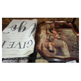 CHICKEN METAL TRAY AND GOD BANNER