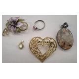 ANTIQUE PENDANT, HEART BROOCH, ENAMELED PIN, OPAL