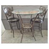 BEVELED GLASS COCKTAIL TABLE AND 2 BAR STOOLS