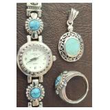 SILVER AND TURQUOISE WATCH, 925 RING AND SILVER TO