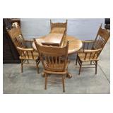OAK PEDESTAL DINING TABLE, 4 PRESSED BACK CHAIRS,