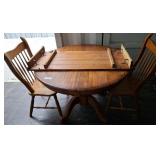 OAK PEDESTAL DINING TABLE, 2 CHAIRS, 1 LEAF