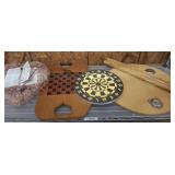CHECKERS, DART BOARD AND SIDE TABLE