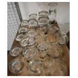 TRAY OF GLASSWARE ANTIQUE VEHICLE PRINT ON THEM