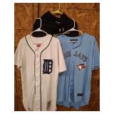 DETROIT JERSEY L, BLUE JAYS XL, AND HOODIE XL