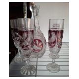 CRANBERRY TO CLEAR CUT GLASS DECANTER SET