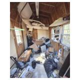 CONTENTS OF SHED, BRUSHES, WAGON, PORCH SWING