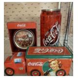 COCA COLA TIN, BANK AND CLOCK SET