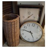 2 PC WALL CLOCKS AND WICKER UMBRELLA STAND