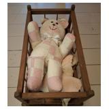 VINTAGE CRADDLE AND PLUSH RAG DOLL 20IN