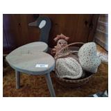 PRIMITIVE HEART SHAPED STOOL, ROOSTER, BASKET, DUC