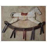 HOBBY HORSE THEMED COAT RACK, BARBER SHOP PLAQUE
