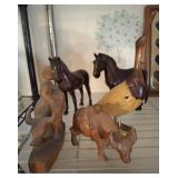 CARVED WOODEN FIGURINES, HORSES, WILD ANIMALS