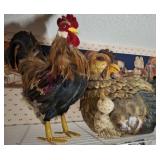 FEATHERED ROOSTER AND CEARMIC CHICKEN
