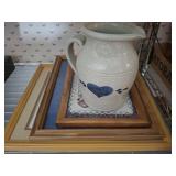 STONEWARE PITCHER, PRINTS, MISC