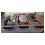 Three Plastic Storage Bins with Miscellaneous Home