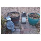 Garden Decor: Frog Statue, Lantern, and Planters