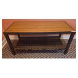 Wood and Metal Table with Woven Rattan Shelf