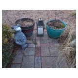 Garden Decor: Frog Statue, Lantern, and Planters