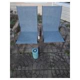 Two Outdoor Metal Chairs with Mesh Seats and Solar
