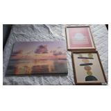 Three Artworks: Sunset Print and Two Framed Modern