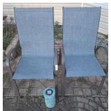 Two Outdoor Metal Chairs with Mesh Seats and Solar