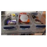 Three Plastic Storage Bins with Miscellaneous Home