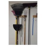 Garden Tools Including Rakes, Shovel, and Chains