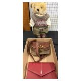 Plush Teddy Bear and Two Small Leather Purses
