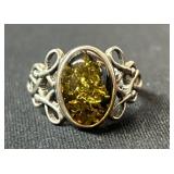 Sterling Silver and Amber Ring, Size 6