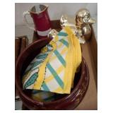 Ceramic, Brass Decor, and Table Linens Assortment