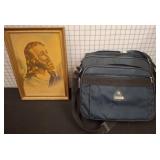 Framed Religious Print and Blue Travel Bag
