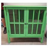 Green Painted Wood Cabinet with Glass Pane Doors