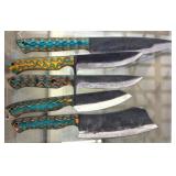 Five Damascus-Style Knives with Colorful Patterned