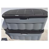 Two Large Gray Plastic Storage Totes with Black Li