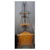 Wood and Wrought Iron Corner Shelf Unit w/ Cabinet