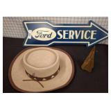 Ford Service Sign, Wool Hat, and Metal Tool