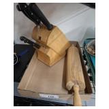 KNIFE BLOCK, SOME KNIVES, ROLLING PIN