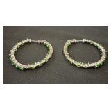 Silver Hoop Earrings with Green Stones