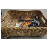 WICKER TRAY OF HARDWARE, PEDALS, MISC